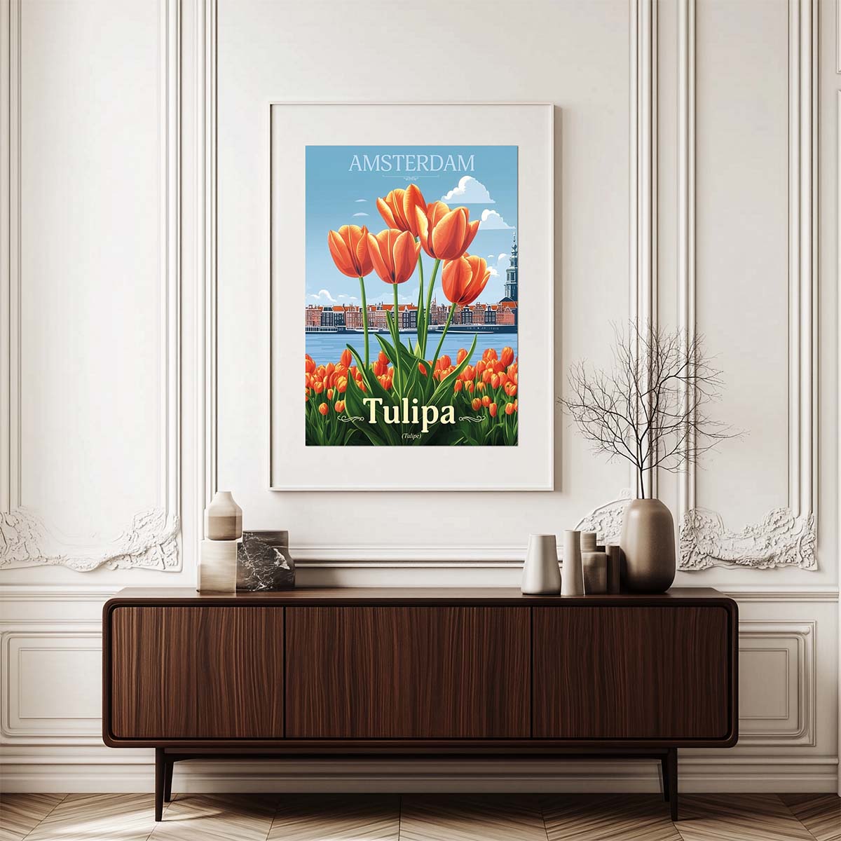 ws floramundi 004 affiche amasterdam tulipes vibrantes commode bois devant mur moulures