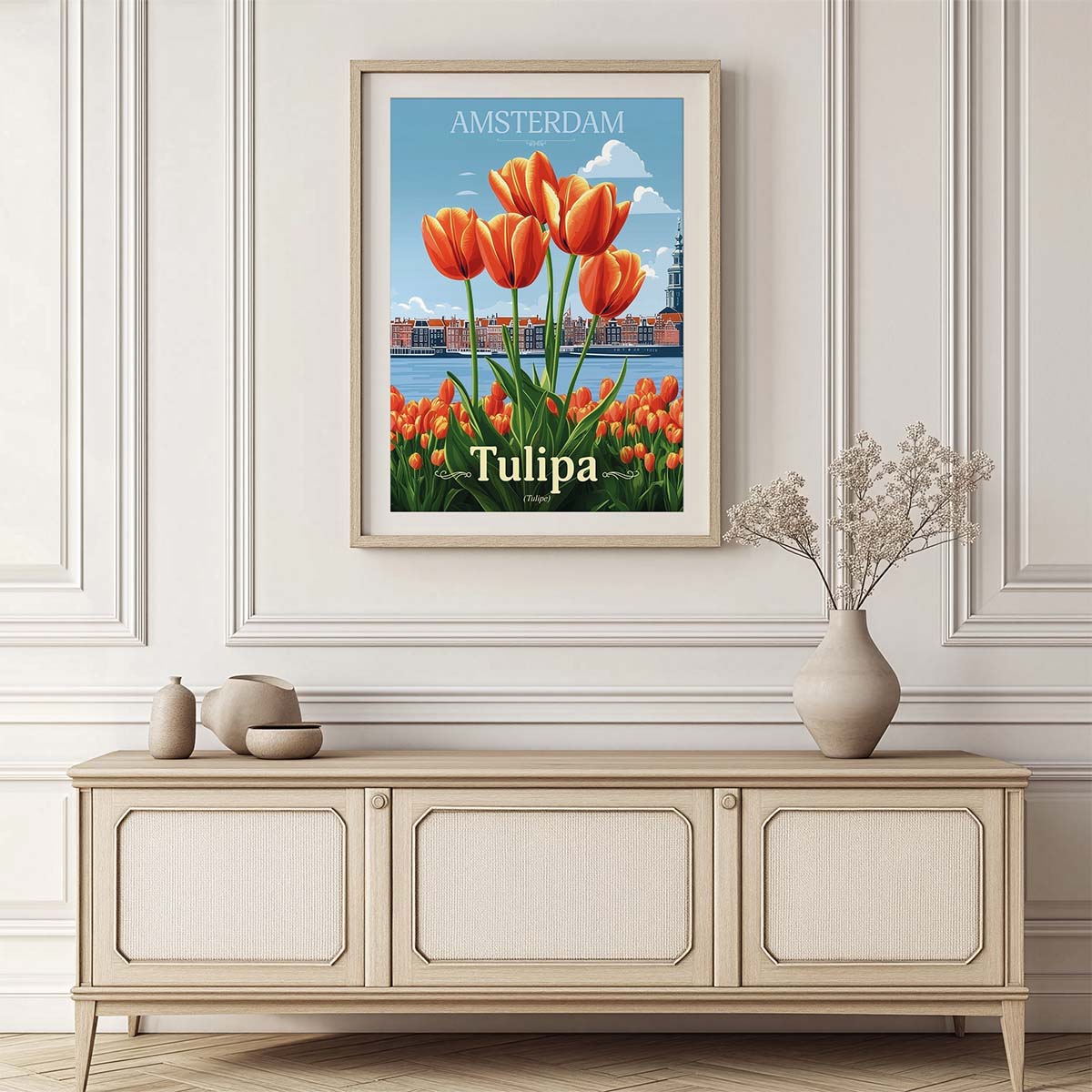 ws floramundi 004 affiche amasterdam tulipes vibrantes commode salon blanc fleur vaisselle terre